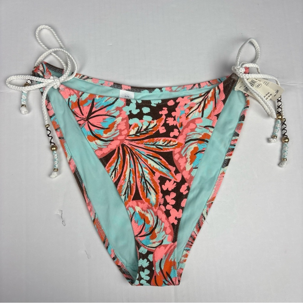 Aerie Women's XL Bikini Bottom Tropical Coral Beaded Tie Swimsuit New with Tags